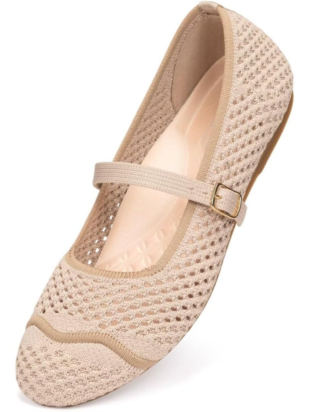 🆕Women's Ecru Mesh Mary Jane Flats Breathable Knitted Round Toe Work Shoes